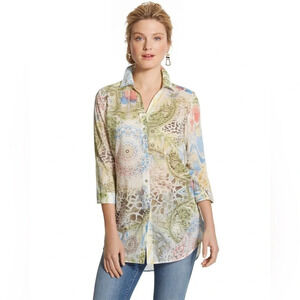 CHICO'S Brenta Button-Down Top Blouse 3/4 Sleeve Size 2 (Large -12) Lightweight